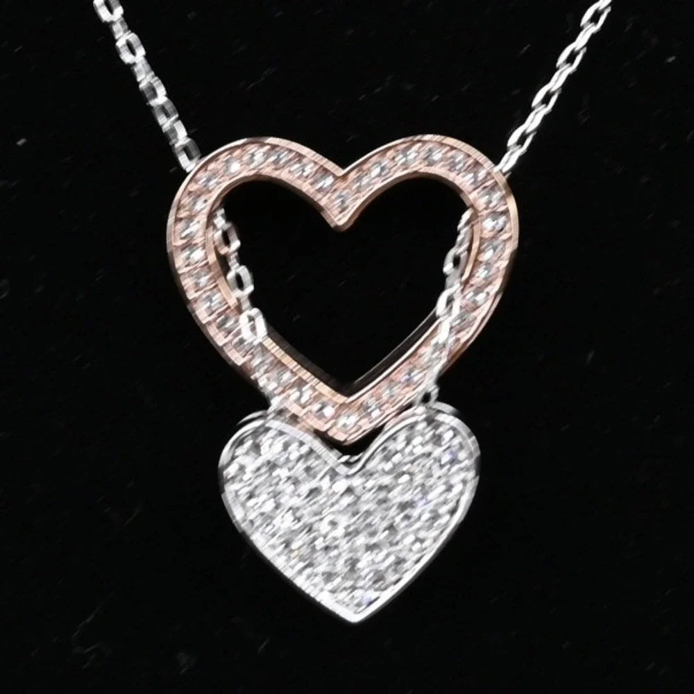 Signed Swarovski Crystal Double Heart Rose Gold Silver Mixed Metal Necklace